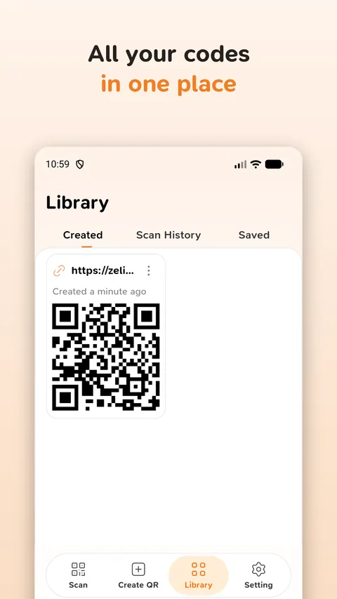 QR Tap: library of created and scanned codes